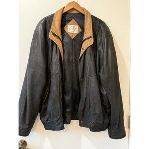Remy Leather Bomber Jacket Black Tan Contrast Collar Made in USA Size 46‎ Mens